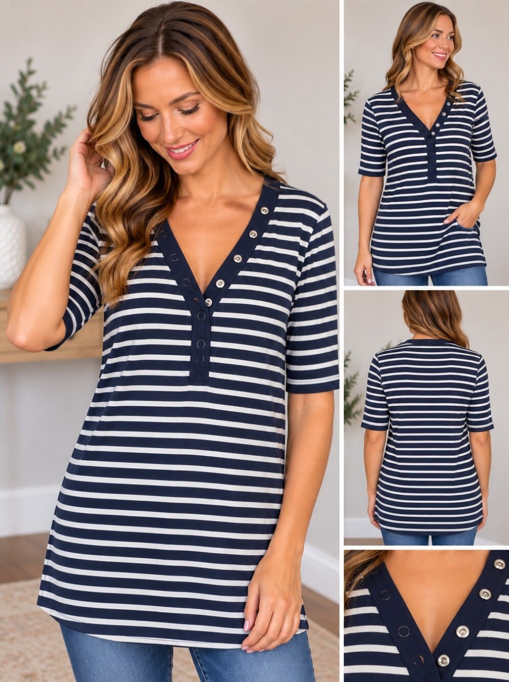 torrid Navy and White Striped Snap-Trim V-Neck Tee